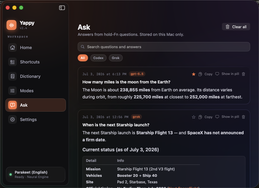 Answers history in the Yappy main window: past spoken questions with fully rendered answers, a search field, model filter chips, and starred favorites, all stored locally