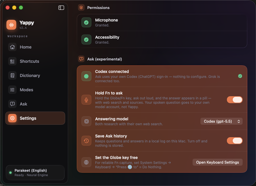 Answers setup in Yappy Settings: a silent readiness check with a green status light, an enable toggle, and a model picker for Codex or Grok