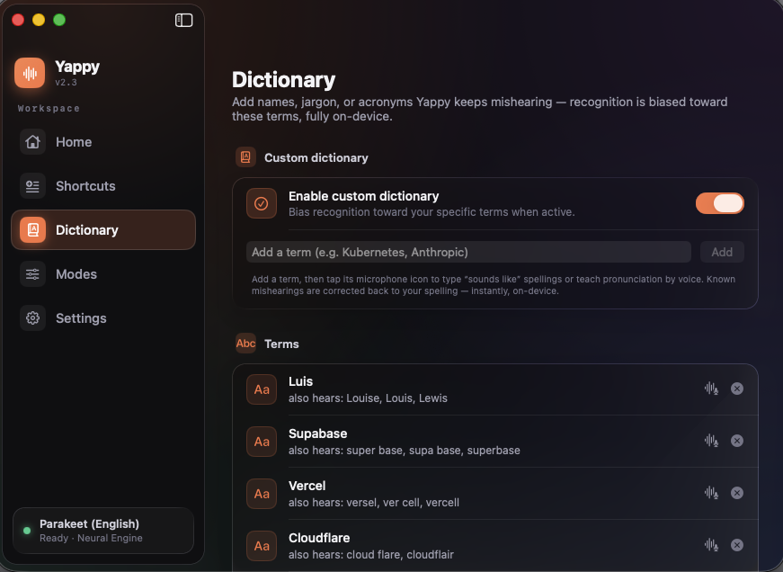 Yappy custom dictionary with learned terms like Kubernetes, Anthropic, and Parakeet