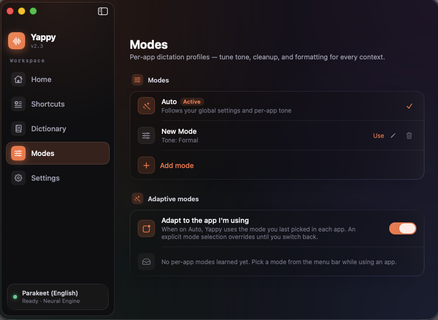 Yappy modes: Auto, Email, Code, and Journal profiles, each with its own tone and formatting