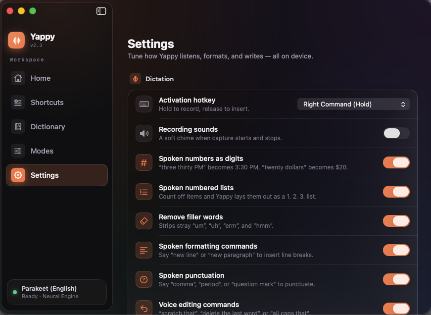 Yappy settings showing hotkey, sounds, number formatting, filler removal, and voice editing toggles